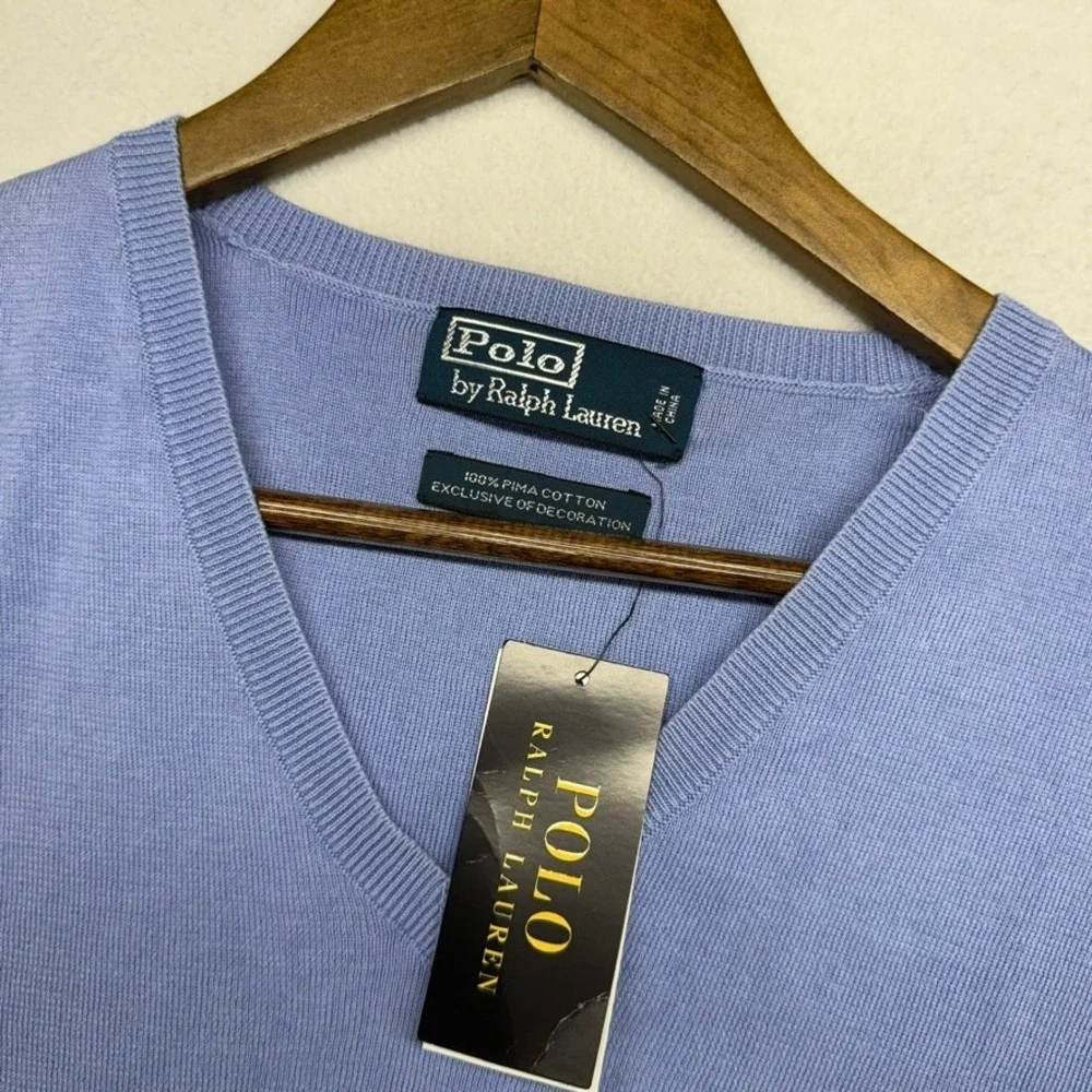 Ralph Lauren Sweater Vest men's Medium Blue Pink Pony V neck Solid READ NEW